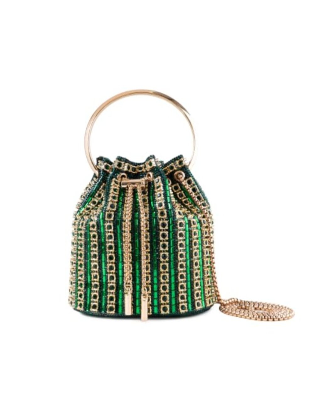 Crystal Rhinestone Bucket Bag Gold Ring Handle Chain Strap Evening Clutch